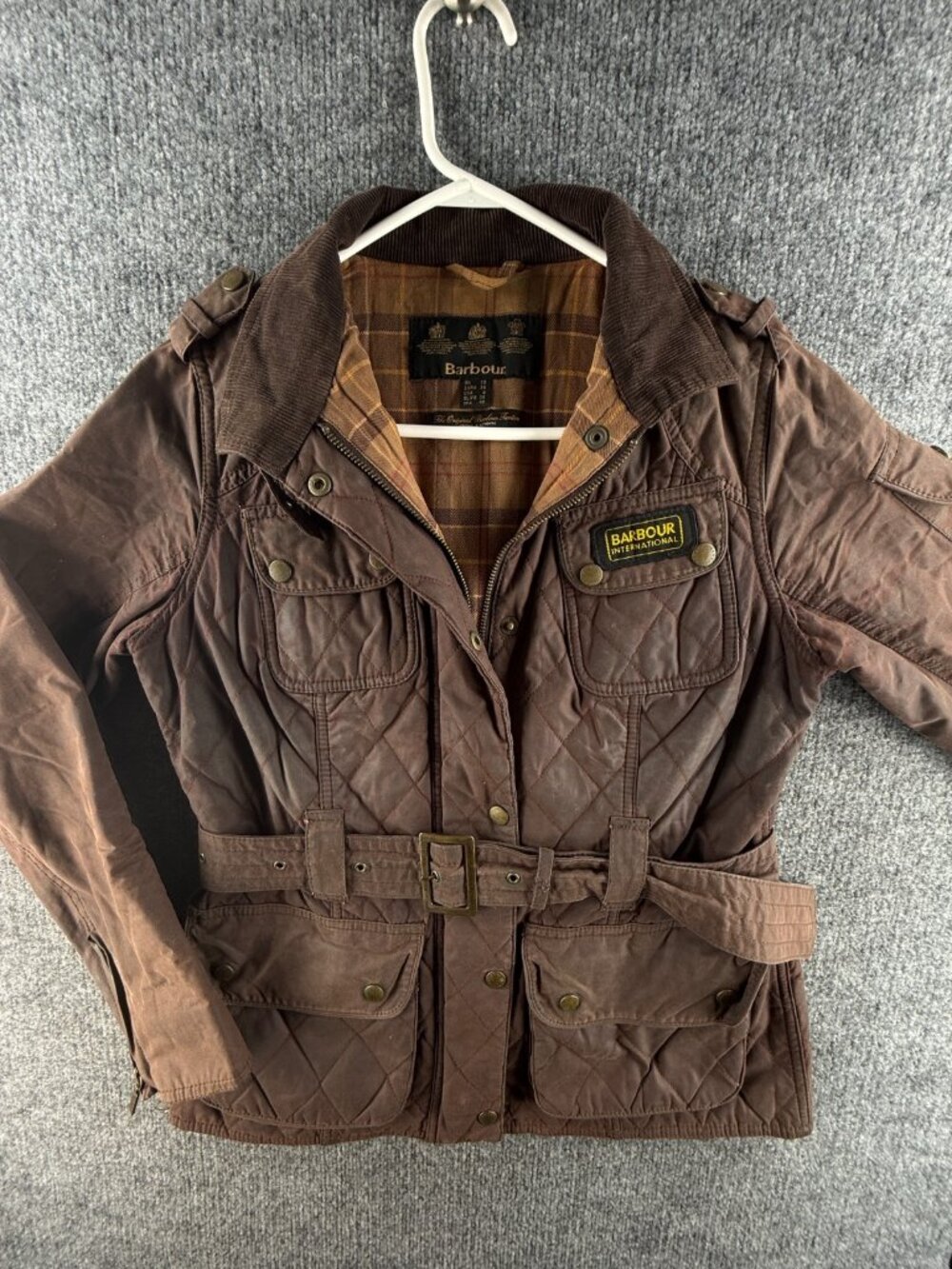 Barbour Quilted International Waxed Jacket Women Full Zip Size US 6 Brown Red